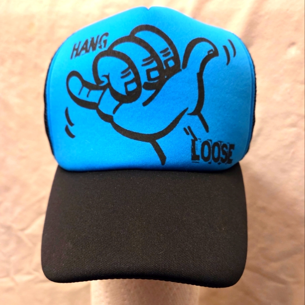 VTG Surfware Hawaiian Trucker Hat Snapback Cap "Hang Loose" Blue Black Mesh NEW